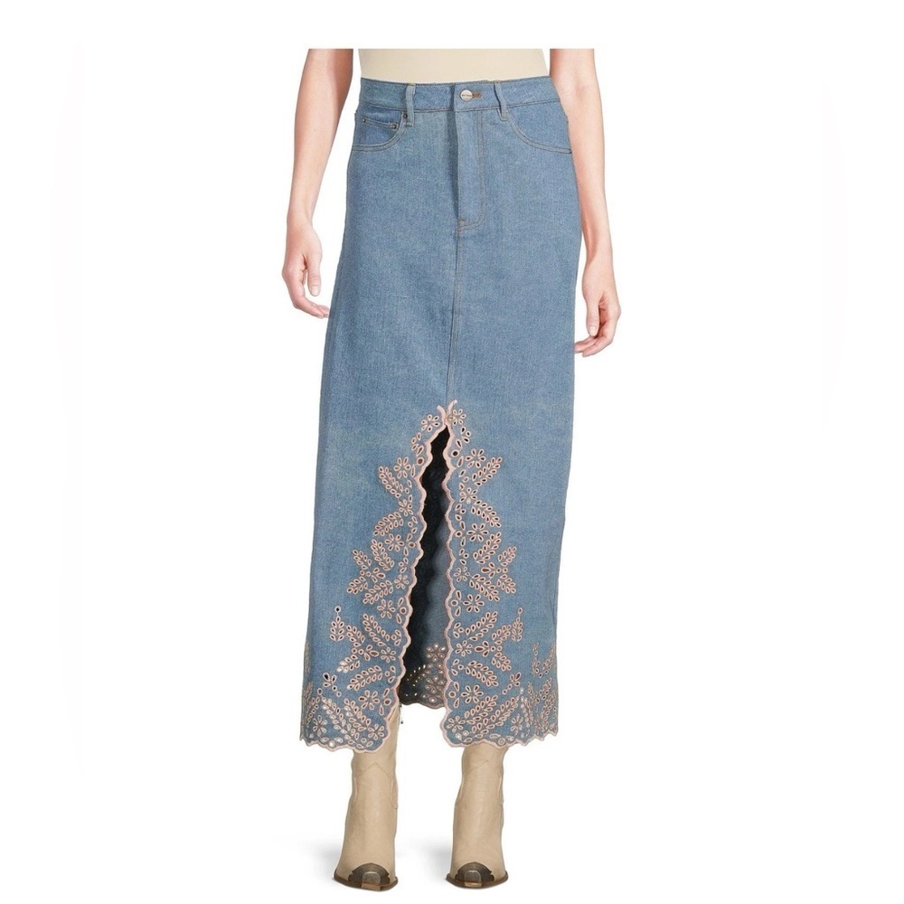 Driftwood Serena Embroidered Denim Maxi Skirt - Pink Promise - Picture 1 of 5
